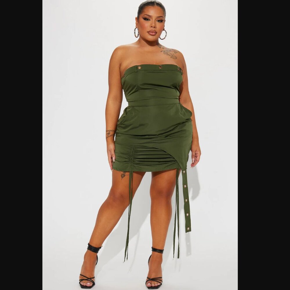 Fashion Nova Nyla Nylon Army Green Asymmetrical Strapless Mini Dress women 3X